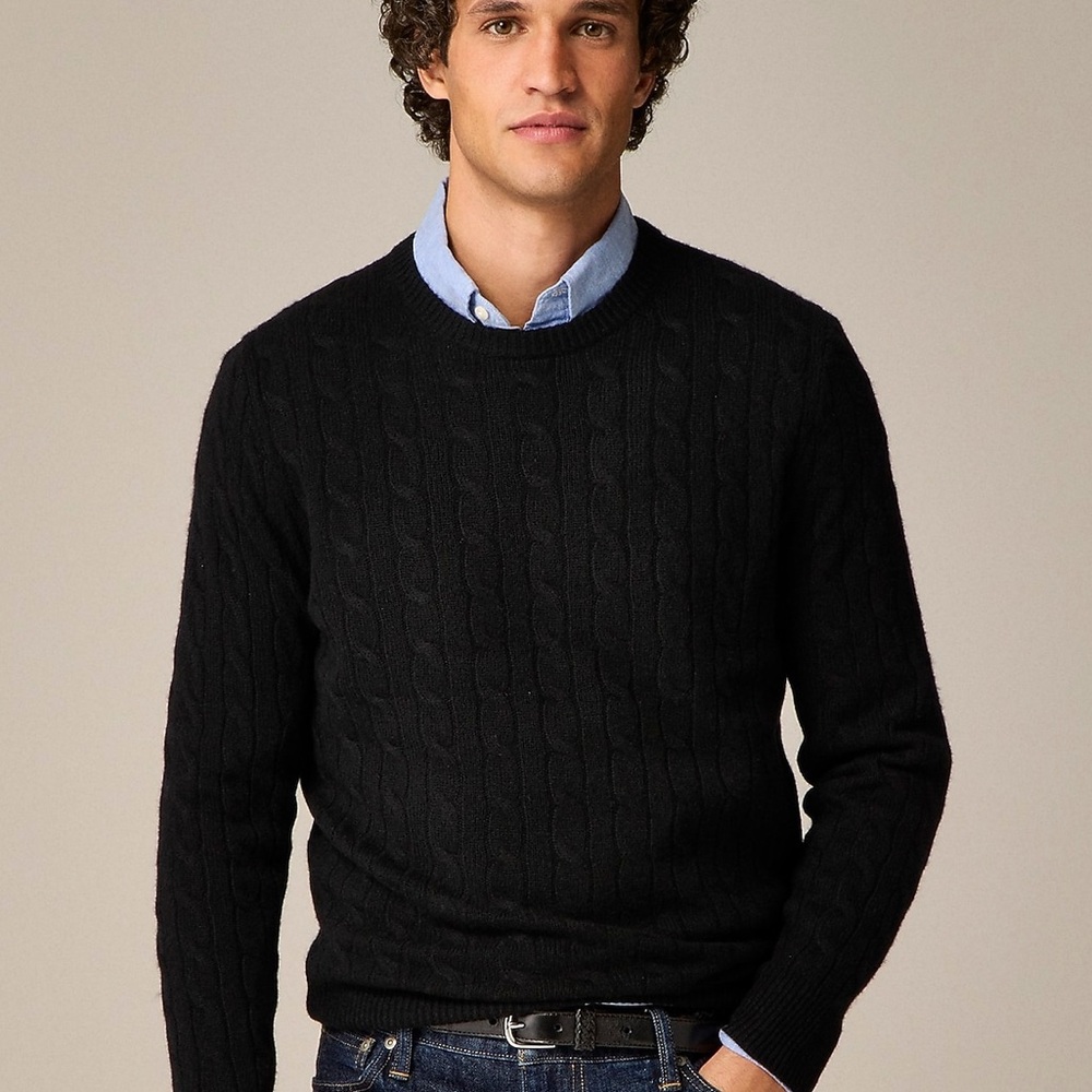J. Crew Men's Black Cable Knit Crewneck Sweater size Medium extra soft